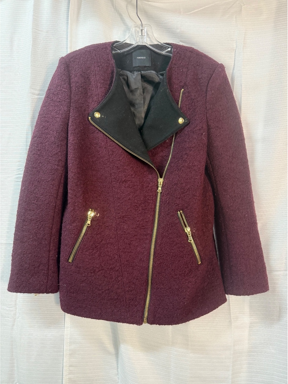 Forever 21 Burgundy Wool Blend Moto Jacket with Gold Zippers